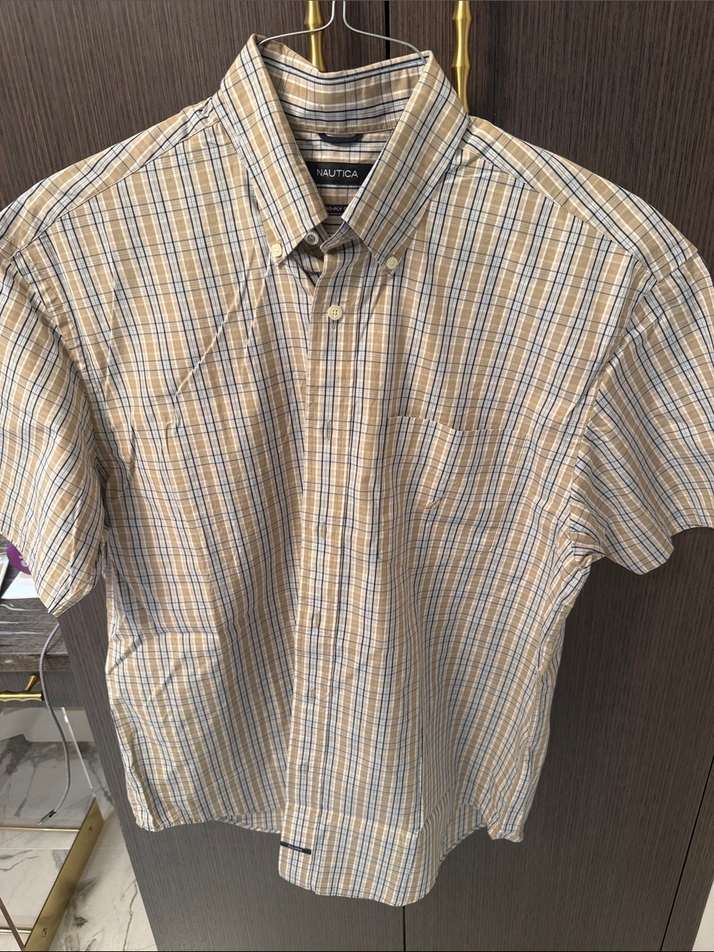 Nautica Men’s Short-Sleeve Plaid Button-Down Shirt in Tan and Blue NEW
